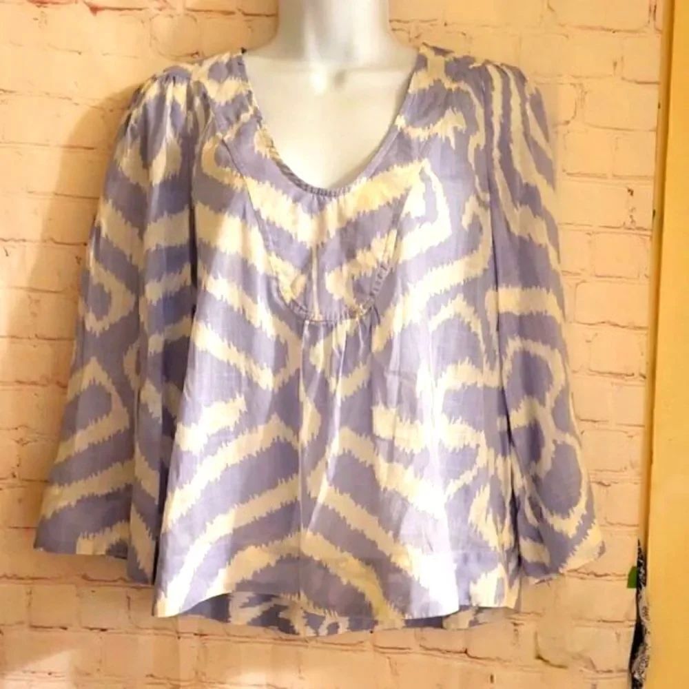 Anthropologie Blue Cotton Batik Print Peasant Top w/Wide Sleeves Sz XS MSRP $148